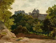 Ernst Fries or Johann Heinrich Schilbach, View of Ariccia, oil on paper, laid down on cardboard