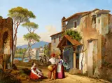 Michael Neher, Italian street view with fishermen, oil on metal