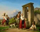 Theodor Leopold Weller, A Hunter and a Young Woman at a Well in Sora, Oil on canvas