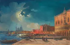 Ippolito Caffi, Night Bonfires on the Piazetta in Venice, Gouache on paper