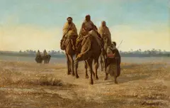 Emmanuel Joseph Lauret, Algerian landscape with nomadic family, Oil on cardboard