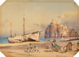 Giacinto Gigante, View of the Coast at Ischia with the Castello Aragonese, Watercolour on paper, laid down on card