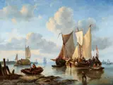 George Willem Opdenhoff, Fishing cutter near the coast with returning fishermen, Oil on canvas (relined)