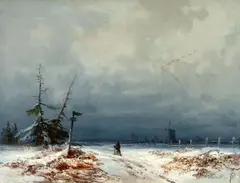Bernhard Fiedler, Winter landscape with windmill and hiker, Oil on canvas