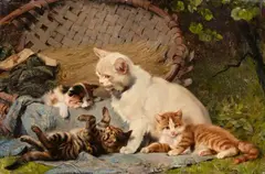 Julius Anton Adam, Mother Cat with three Kittens, Oil on canvas