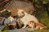 Julius Anton Adam, Mother Cat with three Kittens, Oil on canvas
