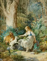 Tito Aguiari, Girls Feeding their Goats, Watercolour on paper, laid down on card