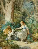 Tito Aguiari, Girls Feeding their Goats, Watercolour on paper, laid down on card