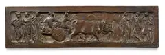 Louis Tuaillon, Allegorical bronze reliefs representing war and agriculture by Louis Tuaillon (1862 Berlin -1919), Cast and patinated bronze. A master pupil of Reinhold Begas in Berlin from 1879 to 1883, Louis Tuaillon was later active in the circle of Hans von Marées. Following several stays in Rome, he later returned to in Berlin in 1903 where he remained for the rest of his career. Both pieces signed "L. TUAILLON" and with the foundry stamp "H. NOACK BERLIN" in the lower left. The works depict a chariot and an ox cart accompanied by ancient gods as allegories of war and agriculture. Minimal wear and abrasions. Each mounted on a