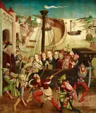 Upper Rhine-Region around 1460, The Martyrdom of Saint Ursula and the Eleven Thousand Virgins, Mixed media on panel (planed off and laid down on wood)
