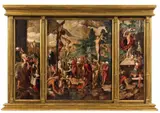 Altarpiece with the Crucifixion by Jan Swart van Groningen, Oil on panel. Central panel, sold May 2020