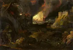 Monogramist Hr, A Landscape at Night with a burning City, Oil on slate