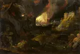 Monogramist Hr, A Landscape at Night with a burning City, Oil on slate