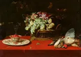 Frans Snyders, Still Life with Grapes in a Basket, a Dish of Strawberries, and Game Birds, Oil on panel (parquetted)