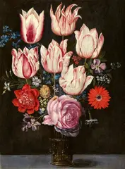 attributed to Philipp Marlier and workshop, Flower Still Life with Tulips in a Glass Vase, Oil on panel