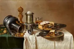 Cornelis Mahu, Still Life with a Pastry, Nuts, a Salt Dish, Pewter Plates, and a Pitcher, Oil on panel