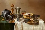 Cornelis Mahu, Still Life with a Pastry, Nuts, a Salt Dish, Pewter Plates, and a Pitcher, Oil on panel