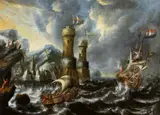 attributed to Bonaventura Peeters, Ships in a Storm by a Rocky Coastline with a Fortress, Oil on canvas (relined)