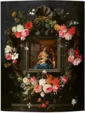 The Virgin and Child in a Cartouche with Flowers by Jan Brueghel the Younger Pieter van Avont, Oil on wood (parquetted), offered May 2020