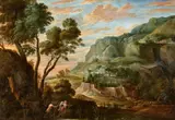 David Teniers the Younger, Panoramic Mountain Landscape with Pan and Syrinx, Oil on canvas (relined)