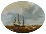 Netherlandish School 17th century, Maritime Scene with Three-Masters, Oil on panel