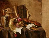Jacques de Claeuw, Vanitas Still Life with Books, Flowers, a Skull, Globe and Violin, Oil on panel