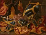 attributed to Antonio Tibaldi, Still Life with Armour and Carpets, Oil on canvas (relined)