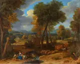 French School 17th century, Landscape with the Rest on the Flight into Egypt, Oil on canvas (relined)