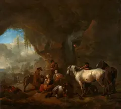 Philips Wouwerman, Travellers Resting in a Grotto, Oil on panel (parquetted)
