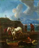 attributed to Johannes Lingelbach, Peasant Couple Ploughing the Fields, Oil on canvas (relined)