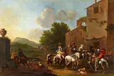 Simon Johannes van Douw, Landscape with a Hunting Party by a Tavern, Oil on canvas (relined)