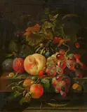 Abraham Mignon, Still Life with a Pumpkin, Peach, Damsens, Grapes, and Insects, Oil on panel