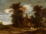 Jacob Salomonsz van Ruysdael, Wooded Landscape with a Church Spire and Cattle, Oil on panel