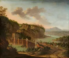 Horatius de Hooch, Southern Landscape with Hunters by a Bridge, Oil on canvas