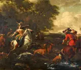 copy after Nicolaes Berchem, Landscape with an Elegant Hunting Party, Oil on canvas (relined)