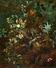 Isac Vromans, Sous-bois Still Life with a Nest, Dragonfly, Butterfly, Lizard, and white Azaleas, Oil on canvas (relined)