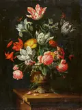 Jan Baptist Morel, Flower Still Life with Roses, Tulips, a Lily, and a Caterpillar on a Tabletop, Oil on canvas (relined)