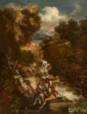 Antonio Maria Marini, Wooded Landscape with a Waterfall and Soldiers, Oil on canvas (relined)