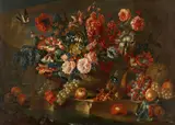 Pieter III Casteels, Roses, Poppies, and Sweet Peas in Vase on a Plinth with Grapes, Peaches, a Pumpkin, a Goldfinch, and a Squirrel, Oil on canvas (relined)