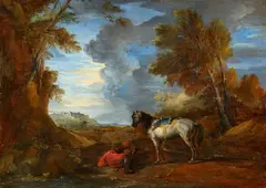 Charles Parrocel, Landscape with a Sleeping Horseman and a Saddled White Horse, Oil on canvas (relined)