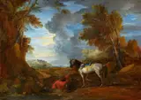 Charles Parrocel, Landscape with a Sleeping Horseman and a Saddled White Horse, Oil on canvas (relined)