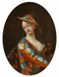 Portrait of a Lady in a Harlequin Costume by Giovanni Domenico Ferretti, called da Imola, attributed to, Oil on canvas (relined), sold May 2020