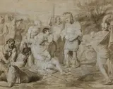 attributed to Luca Penni, Scenes from a Story of Antiquity, Brown ink and wash and white chalk on paper, mounted in a mat