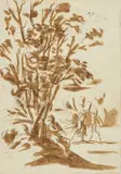 Francesco Allegrini, A Shepherd playing a Flute and a Dancing Maenad with Pan, Brown ink and wash