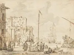Abraham Storck, Two Harbour Scenes, Brown ink and grey wash. Each