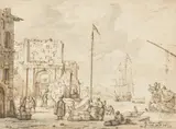 Abraham Storck, Two Harbour Scenes, Brown ink and grey wash. Each