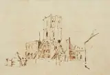 Netherlandish School 17th century, Amsterdam City Hall (?) under Construction, Brown ink (?) on paper (watermark: Sun with rays)