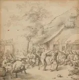 Jan de Groot, Peasants Dancing by a Tavern, Grey ink and wash