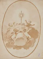 attributed to Luca Giordano, Putti flying amidst Clouds in adoration of a Monstrance, Brown wash on textured paper