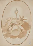 attributed to Luca Giordano, Putti flying amidst Clouds in adoration of a Monstrance, Brown wash on textured paper
